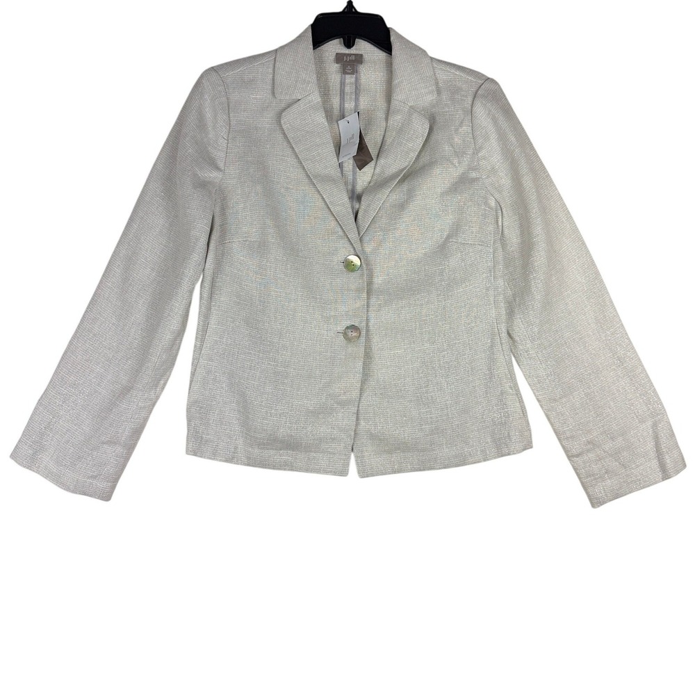 J‎ Jill Linen Blend Shimmer Jacket Tie Back Silver Gray Womens Small Petite NWT